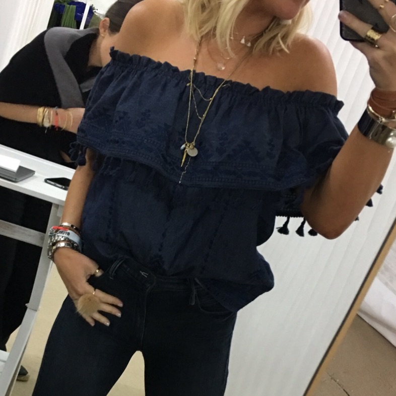 *Parker* Denim Off-The-Shoulder Aztec Print Top